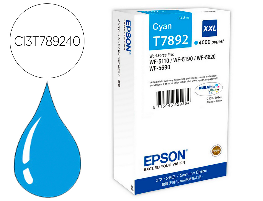 CARTOUCHE EPSON T7892 XXL JET D'ENCRE HAUTE CAPACIT WF-5110/5190/5620/5690 COULEUR CYAN