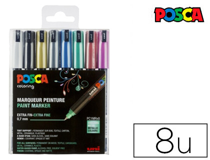 MARQUEUR POSCA POINTE CALIBRE EXTRA-FINE COLORIS MTALLISS BLANC NOIR OR ARGENT BLEU VERT ROUGE ET ROSE 8 UNITS