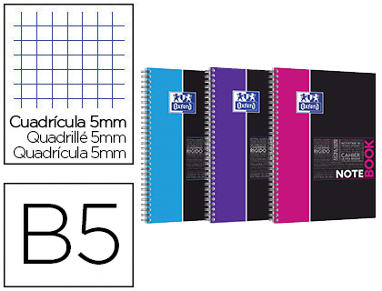 CAHIER SPIRALE OXFORD NOTEBOOK TUDIANTS RELIURE INTGRALE B5 176X250MM 160 PAGES 90G QUADRILLAGE 5MM COUVERTURE CARTE