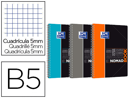 CAHIER SPIRALE OXFORD STUDY NOMADBOOK RELIURE INTGRALE B5 176X250MM 160 PAGES 90G QUADRILLAGE 5MM