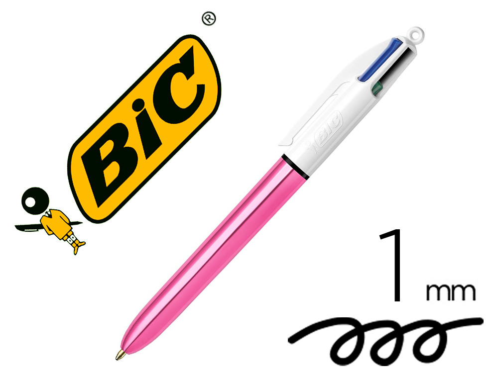 STYLOBILLE BIC 4 COULEURS SHI NE POINTE 1MM MOYENNE CORPS ROSE METAL BRILLANT 982875