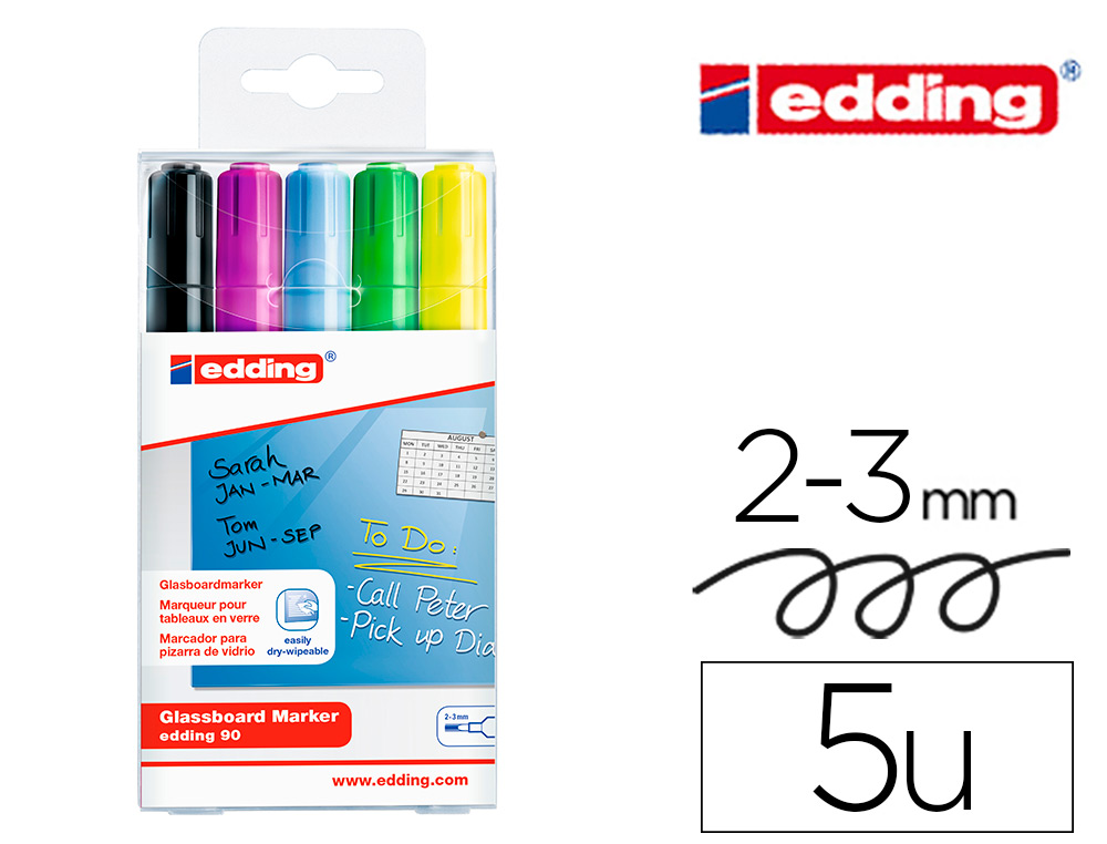 MARQUEUR EDDING 90 TABLEAU EN VERRE VITRES 2/3MM POINTE OGIVE EFFAABLE  SEC COLORIS ASSORTIS POCHETTE 5 UNITS