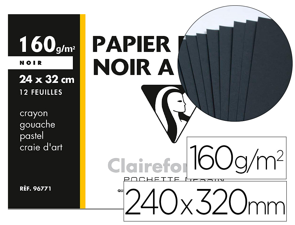 PAPIER DESSIN CLAIREFONTAINE MI-TEINTE NOIR GRAIN MOYEN A4+ 24X32CM CRAYON GOUACHE PASTEL CRAIE ART POCHETTE 12 FEUILLES