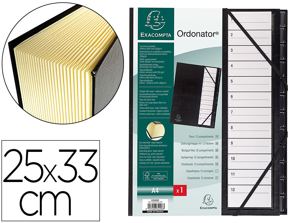 TRIEUR EXACOMPTA ORDONATOR CARTON RECOUVERT PVC 25X33CM ALPHANUMRIQUE 26 COMPARTIMENTS 850F DOS EXTENSIBLE COLORIS NOIR