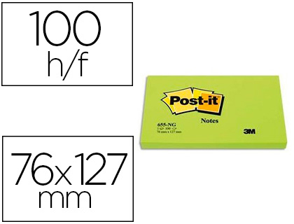 BLOC-NOTES POST-IT 655 76X127MM 100F                 REPOSITIONNABLES COLORIS VERT FLUO