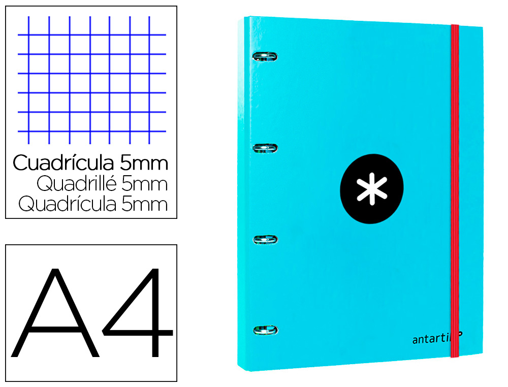 CLASSEUR ANTARTIK 4 ANNEAUX RONDS 25MM A4 CARTON REMBORD FEUILLETS MOBILES QUADRILLAGE 5MM COLORIS TURQUOISE
