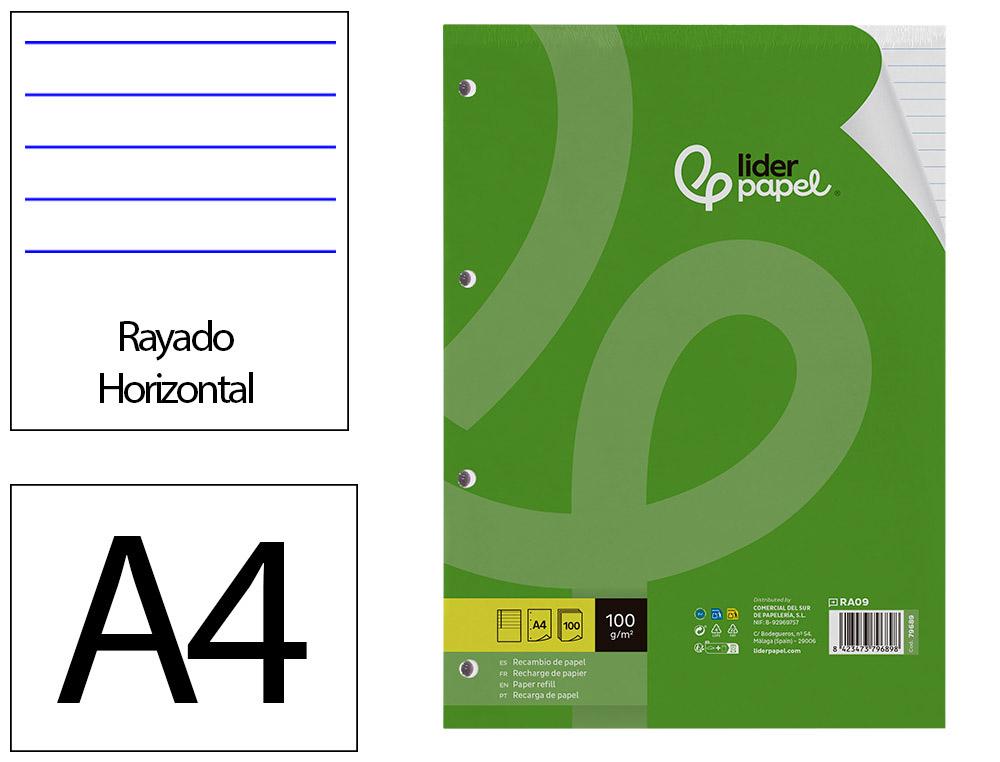 BLOC-NOTES LIDERPAPEL 100 FEUILLES ENCOLLES 100G A4 100 G/M2 LIGN HORIZONTAL MARGE 4 TROUS