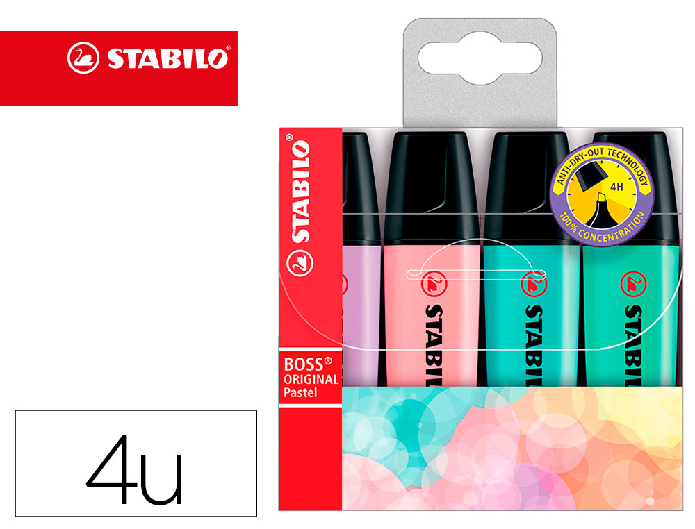 SURLIGNEUR STABILO BOSS PASTEL TRAC 2/5MM POINTE BISEAUTE ENCRE UNIVERSELLE BASE EAU RSISTANTE LUMIRE POCHETTE 4U