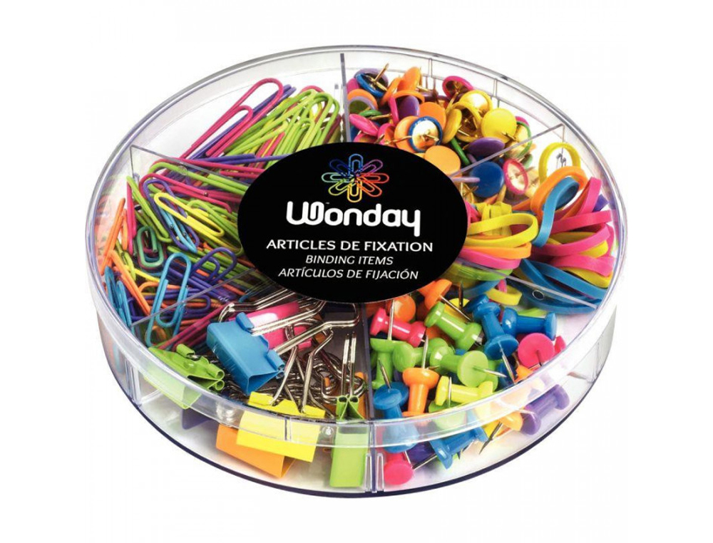 KIT BUREAU WONDAY 80 TROMBONES DE 28MM 25 DE 50MM 150 PUNAISES 40 PUSH PINS 10 PINCES DOUBLE CLIP 50 LASTIQUES FUN