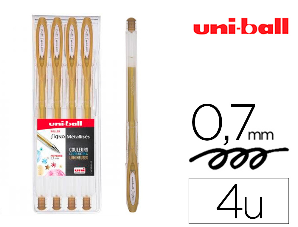 ROLLER UNIBALL SIGNO ENCRE GEL RESISTANT POINTE MOYENNE  TRACE 0,7MM COLORIS METALLISE OR POCHETTE DE 4UN