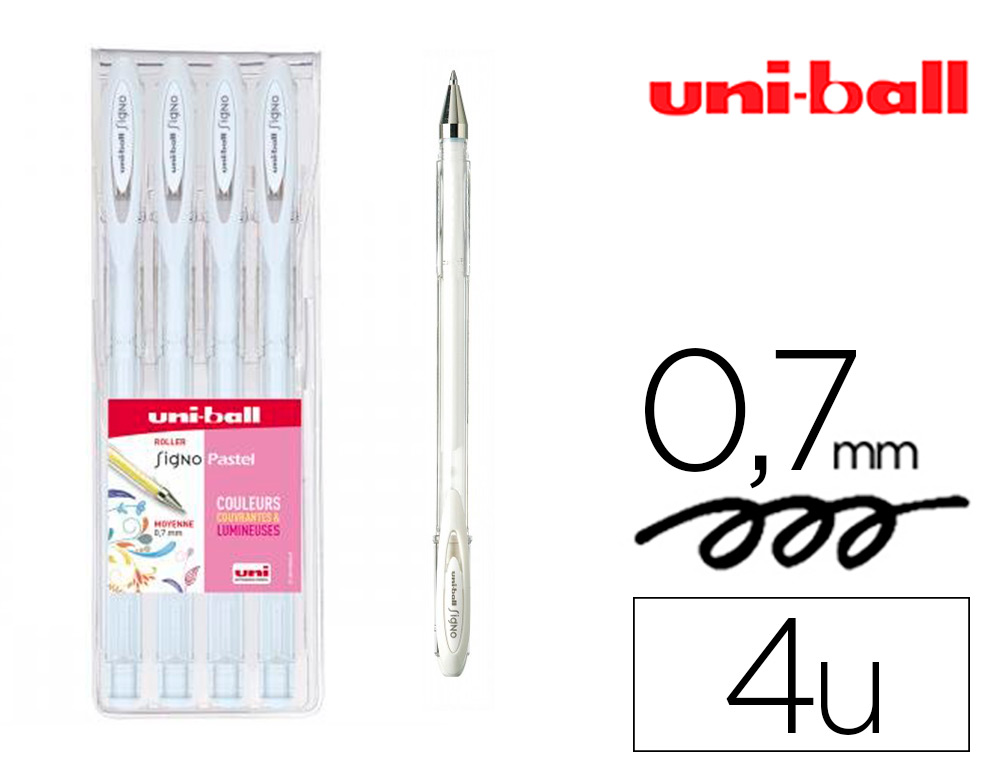 ROLLER UNIBALL SIGNO ENCRE GEL RESISTANT POINTE MOYENNE  TRACE 0,7MM COLORIS PASTEL    BLANC POCHETTE DE 4UN