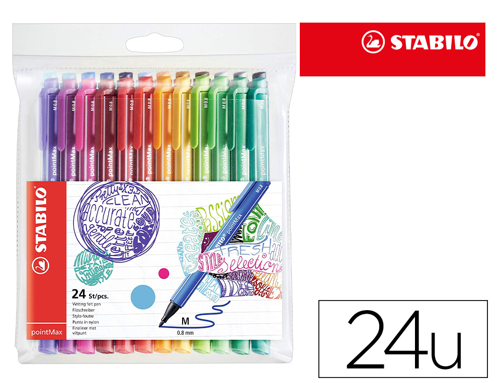 STYLO-FEUTRE STABILO POINTMAX TRACE 0,8MM POINTE MOYENNE    NYLON ULTRA ROBUSTE POCHETTE  24 UNITES ASSORTIES