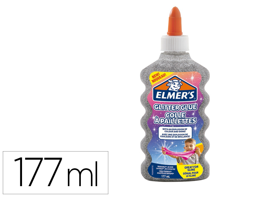 COLLE LIQUIDE PAILLETEE ELMERS LAVABLE ADAPTE AUX ENFANTS   POUR FABRICATION SLIME -       FLACON 177ML COLORIS ARGENT
