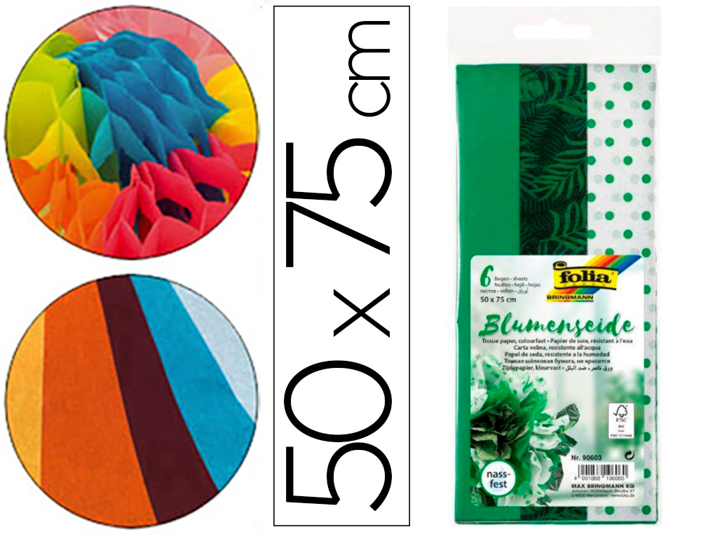 PAPIER DE SOIE FOLIA RESISTANT A L'EAU DECORATION EMBALLAGE  BRICOLAGE 6 FEUILLES 500X750MM 3 MOTIFS COLORIS VERT