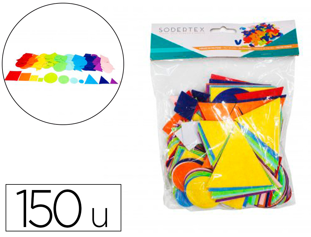 FEUTRINE ADHESIVE SODERTEX PACK GEOMETRIQUES ROND CARRE  ET TRIANGLE 1MM 4 TAILLES 150 PCS 10 COLORIS ASSORTIS