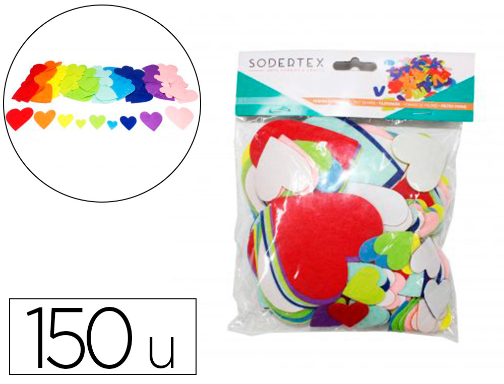 FEUTRINE ADHESIVE SODERTEX PACK DE COEURS 1MM 4 TAILLES  150 PCS 10 COLORIS ASSORTIS