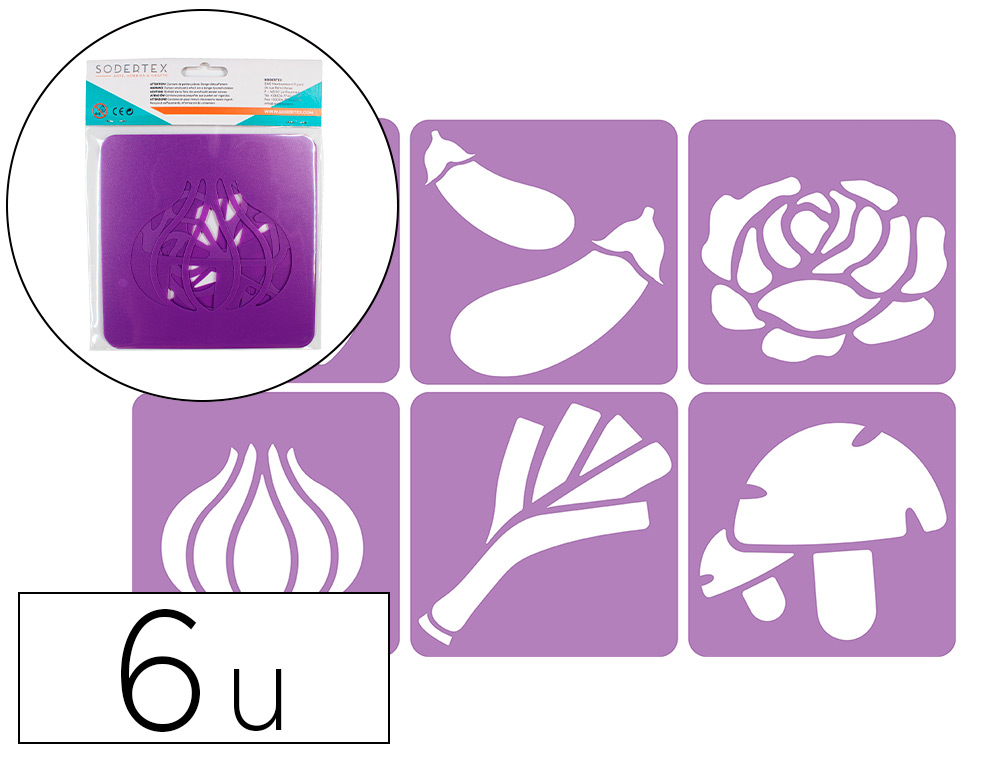 POCHOIRS SODERTEX MON POTAGER EN PLASTIQUE INCASSABLE 5MM   140X140MM 6 PCS COLORIS       ASSORTI