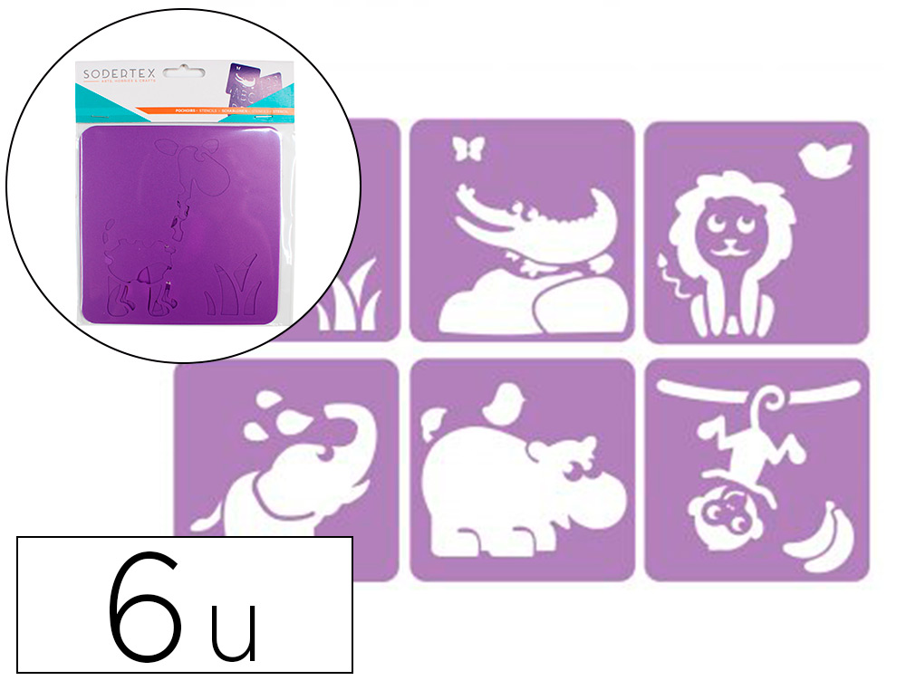 POCHOIRS SODERTEX DANS LA SAVANE EN PLASTIQUE           INCASSABLE 5MM 140X140MM 6    PCS COLORIS ASSORTI