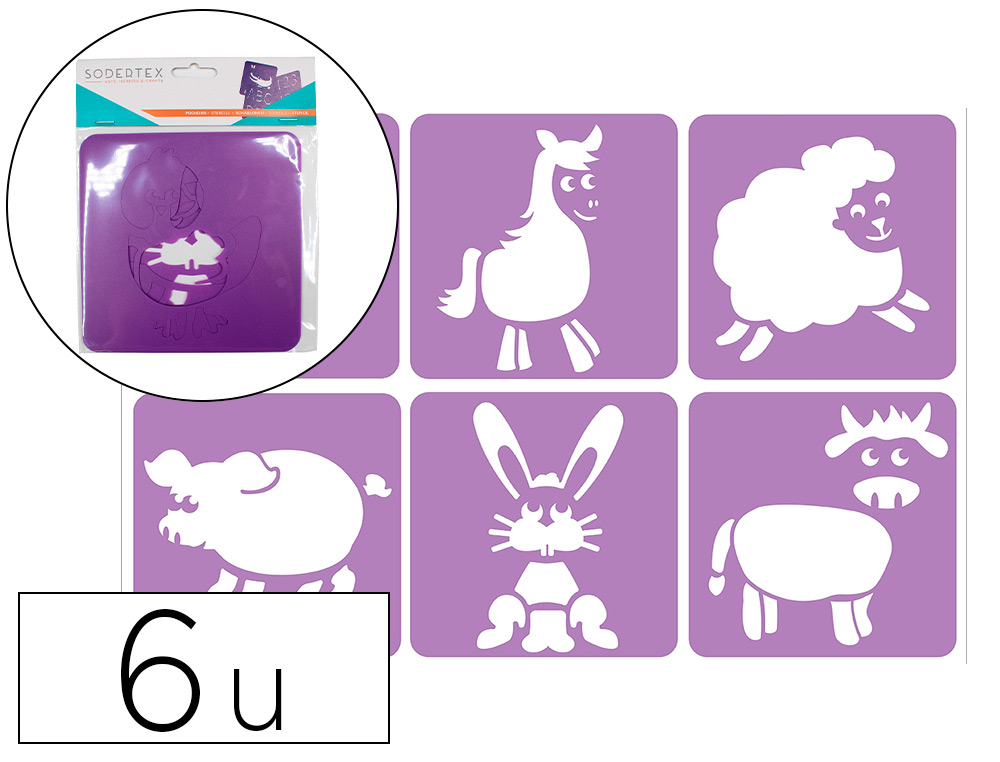 POCHOIRS SODERTEX A LA FERME EN PLASTIQUE INCASSABLE 5MM   140X140MM 6 PCS COLORIS       ASSORTI