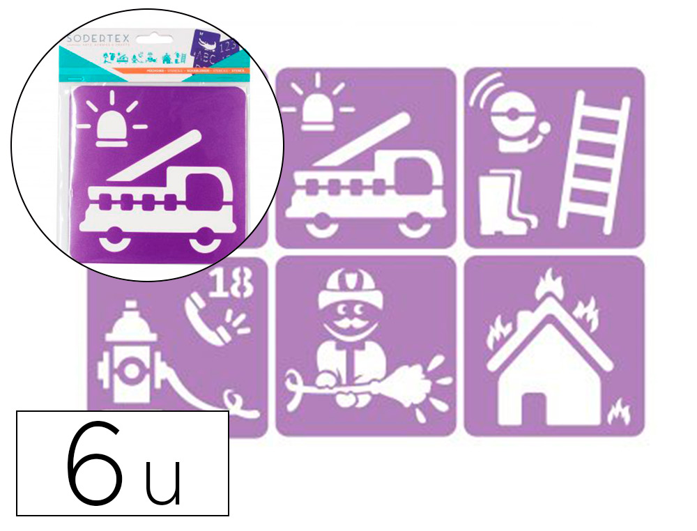 POCHOIRS SODERTEX LES POMPIERS EN PLASTIQUE         INCASSABLE 5MM 140X140MM 6    PCS COLORIS ASSORTI
