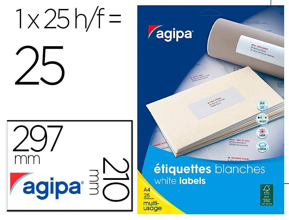 ETIQUETTE MULTI-USAGE APLI AGIPA FORMAT A4 210X297MM     COINS DROITS 25 FEUILLES 25   UNITES