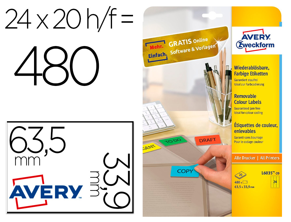TIQUETTE COULEUR AVERY ENLEVABLE SANS TRACE COMPATIBLE TOUTE IMPRIMANTE IDALE CLASSEMENT 63,5X33,9MM 480 UNITS JAUNE