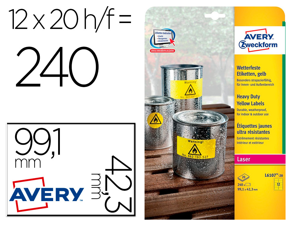 TIQUETTE ADHSIVE AVERY PERMANENTE POLYESTER ULTRA-RSISTANT WATERPROOF IDAL EXTRIEUR 42,3X99,1MM 240 UNITS JAUNE