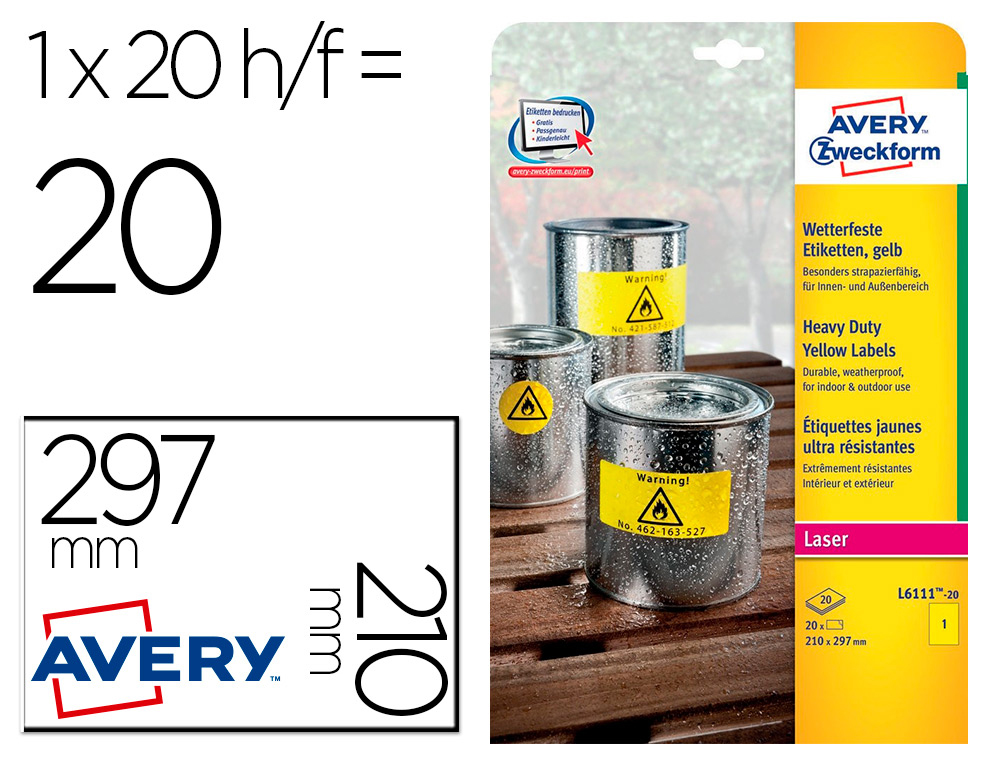 TIQUETTE ADHSIVE AVERY PERMANENTE POLYESTER ULTRA-RSISTANT WATERPROOF IDALE IDENTIFICATION 210X297MM 20 UNITS JAUNE