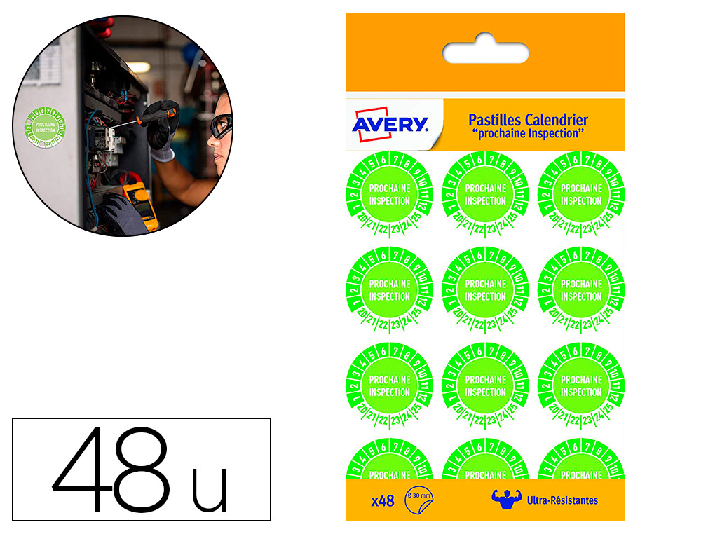 PASTILLE CALENDRIER AVERY PROCHAINE INSPECTION DIAMTRE 30MM POLYTHYLNE TIRABLE RSISTE TEMPRATURE EXTRME 48 UNITS
