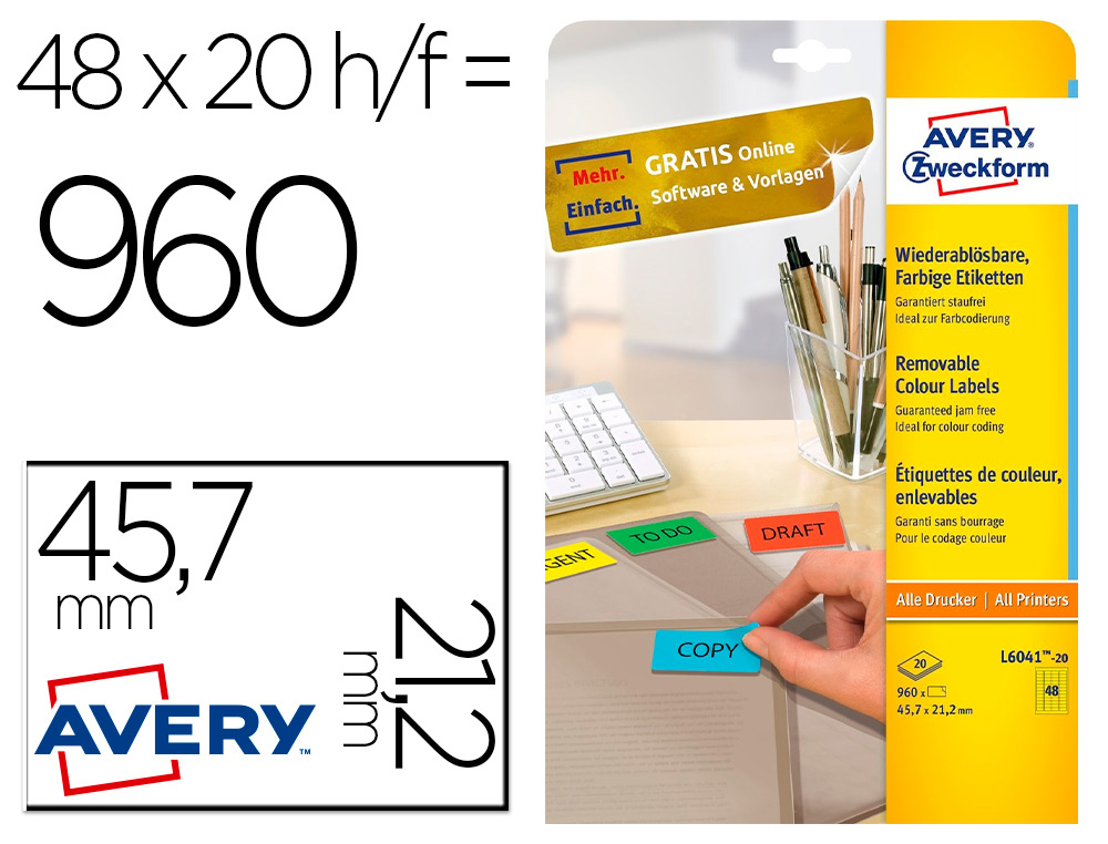 TIQUETTE COULEUR AVERY ENLEVABLE SANS TRACE TOUTE IMPRIMANTE IDALE CLASSEMENT 21,2X45,7MM 960 UNITS COLORIS JAUNE