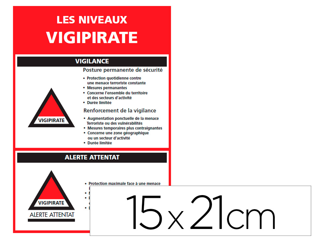 PANNEAU DE SIGNALISATION VIGIPIRATE PVC SIGNALETIQUE   BIZ NIVEAUX D'ALERTES 15X21CM