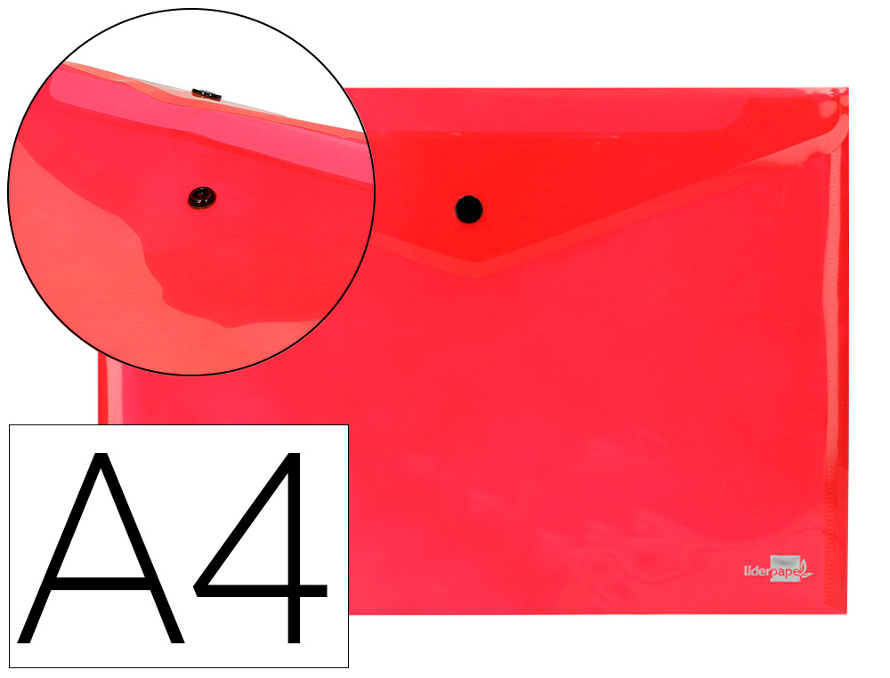 POCHETTE ENVELOPPE LIDERPAPEL POLYPROPYLNE 180 MICRONS A4 297X210MM 50F FERMETURE BOUTON RSISTANT TRANSPARENT ROUGE