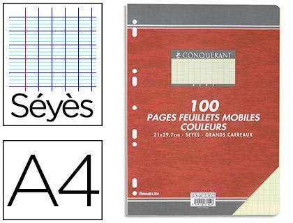 FEUILLET MOBILE CONQURANT SEPT A4 210X297MM 100 PAGES 80G SYS PERFOR COLORIS JAUNE
