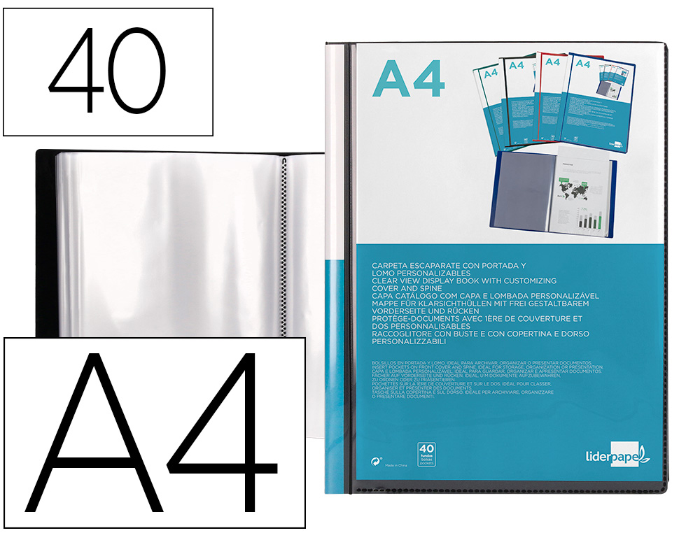 PROTGE-DOCUMENTS LIDERPAPEL PERSONNALISABLE KANGOUROU POLYPROPYLNE 40 POCHETTES FIXES A4 210X297MM COLORIS NOIR