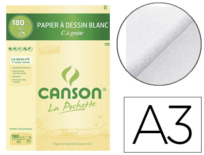 PAPIER DESSIN CANSON C  GRAIN CRAYON ENCRE GOUACHE FEUTRE 180G A3 POCHETTE 10F