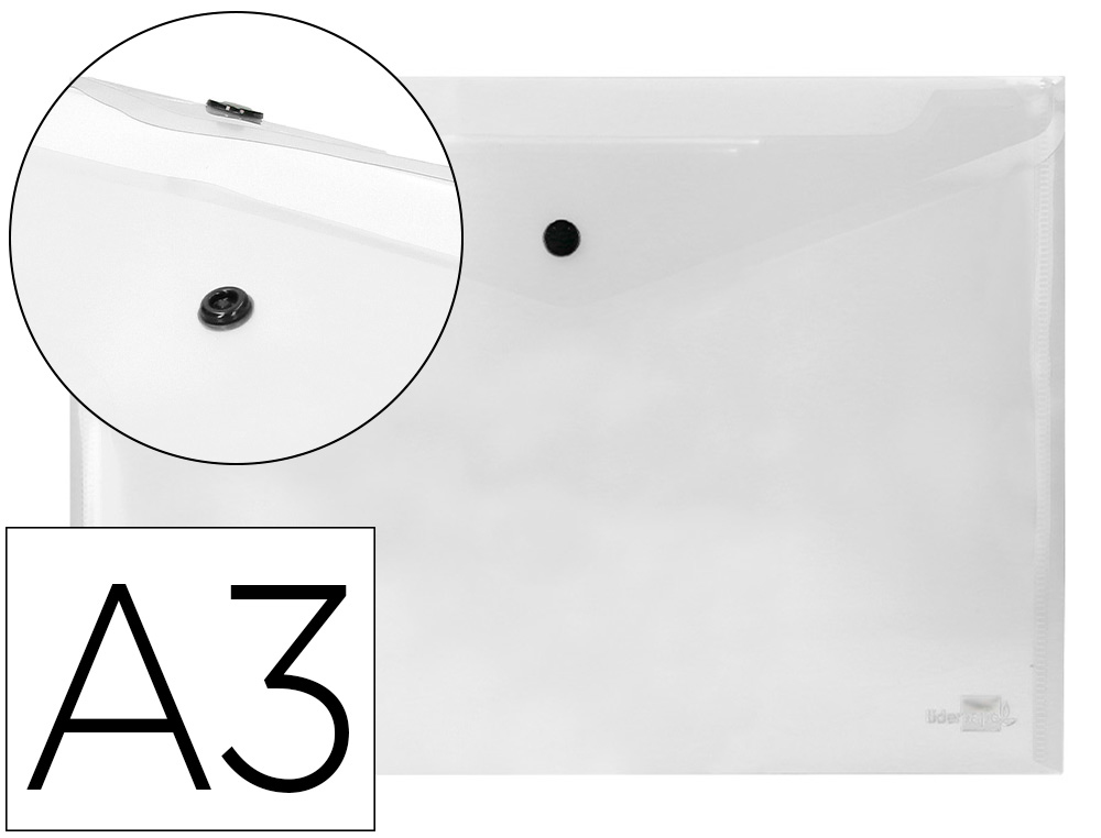 POCHETTE ENVELOPPE LIDERPAPEL POLYPROPYLNE 180 MICRONS A3 420X297MM 50F FERMETURE BOUTON RSISTANT TRANSPARENT