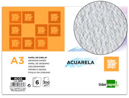 PAPIER DESSIN LIDERPAPEL AQUARELLE GRAIN MOYEN 300G/M2 FORMAT A3 420X297MM MINIPACK 6F