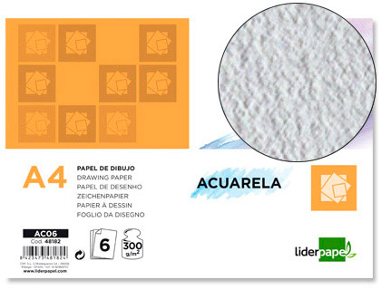 PAPIER DESSIN LIDERPAPEL AQUARELLE GRAIN MOYEN 300G/M2 FORMAT A4 210X297MM MINIPACK 6F