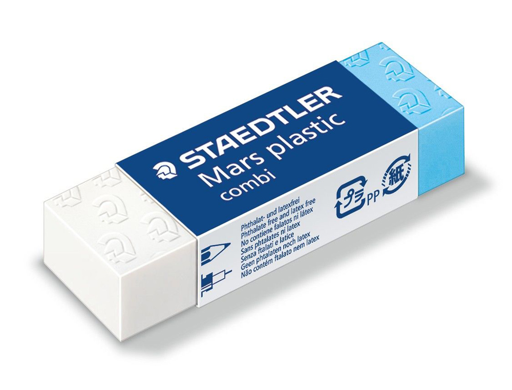 GOMME STAEDTLER MARS PLASTIC COMBI 30X13X12MM SANS LATEX POUR L'ENCRE DE CHINE COLORIS BLANC ET BLEU