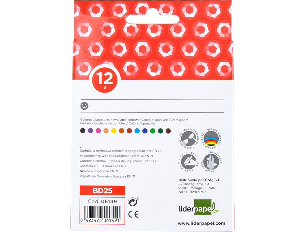 CRAYON CIRE LIDERPAPEL 115MM RÉSISTANT NON SALISSANT EFFAÇABLE ÉTUI CARTON 12 UNITÉS