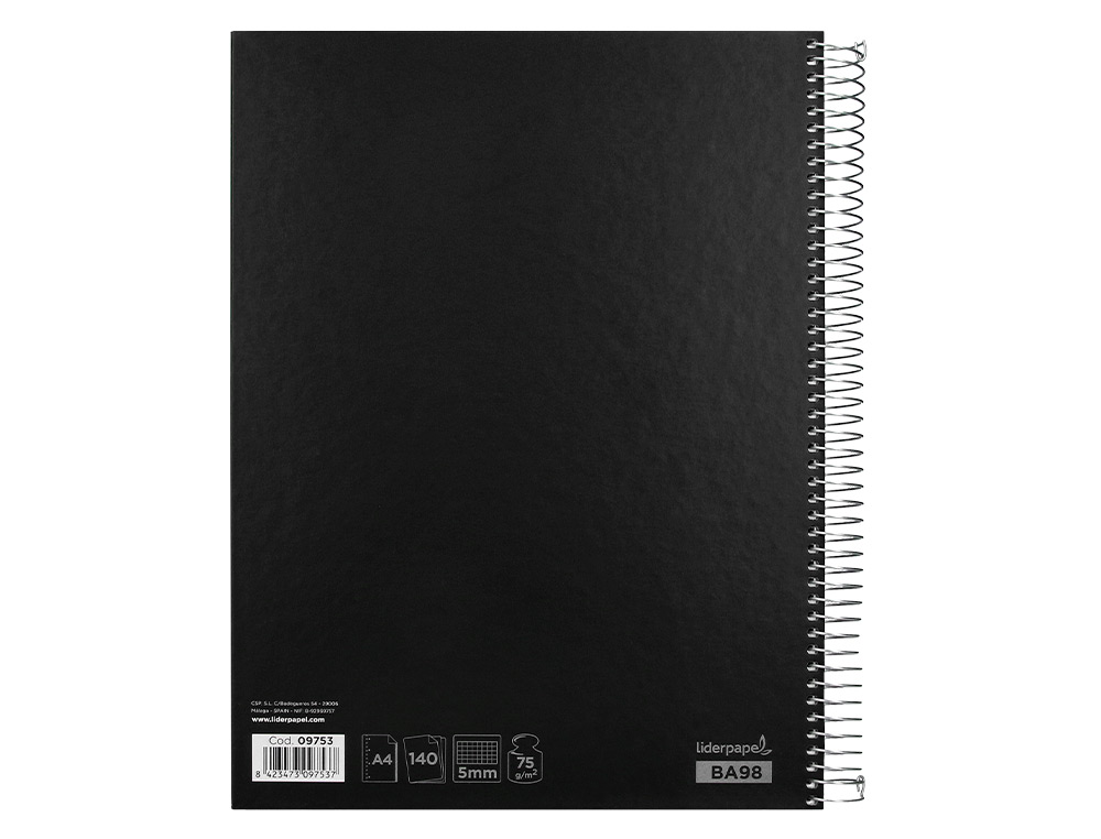 CAHIER SPIRALE LIDERPAPEL JOLLY COUVERTURE CONTRECOLLÉE A4 280P 75G/M2 5X5MM MICROPERFORÉ 4 TROUS COLORIS NOIR