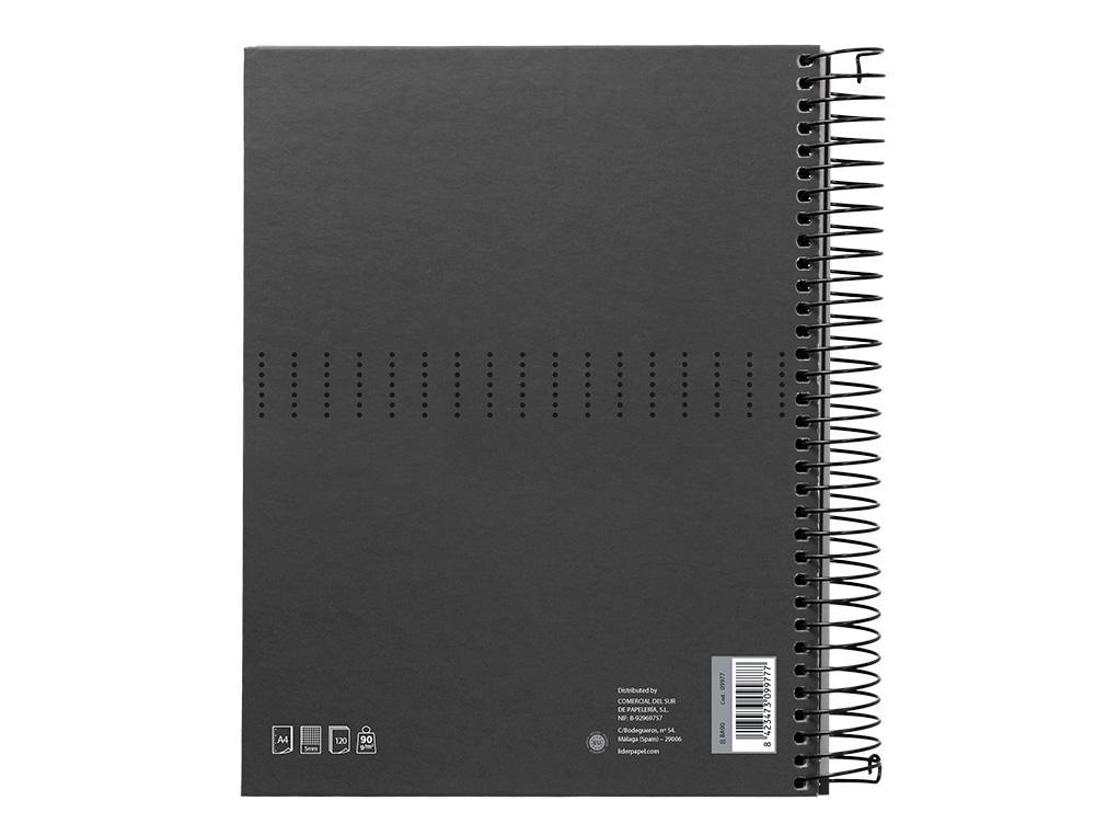 CAHIER SPIRALE LIDERPAPEL CRAFTY COUVERTURE CONTRECOLLÉE A4 240P 90G/M2 5X5MM MICROPERFORÉ4 TROUS COLORIS NOIR