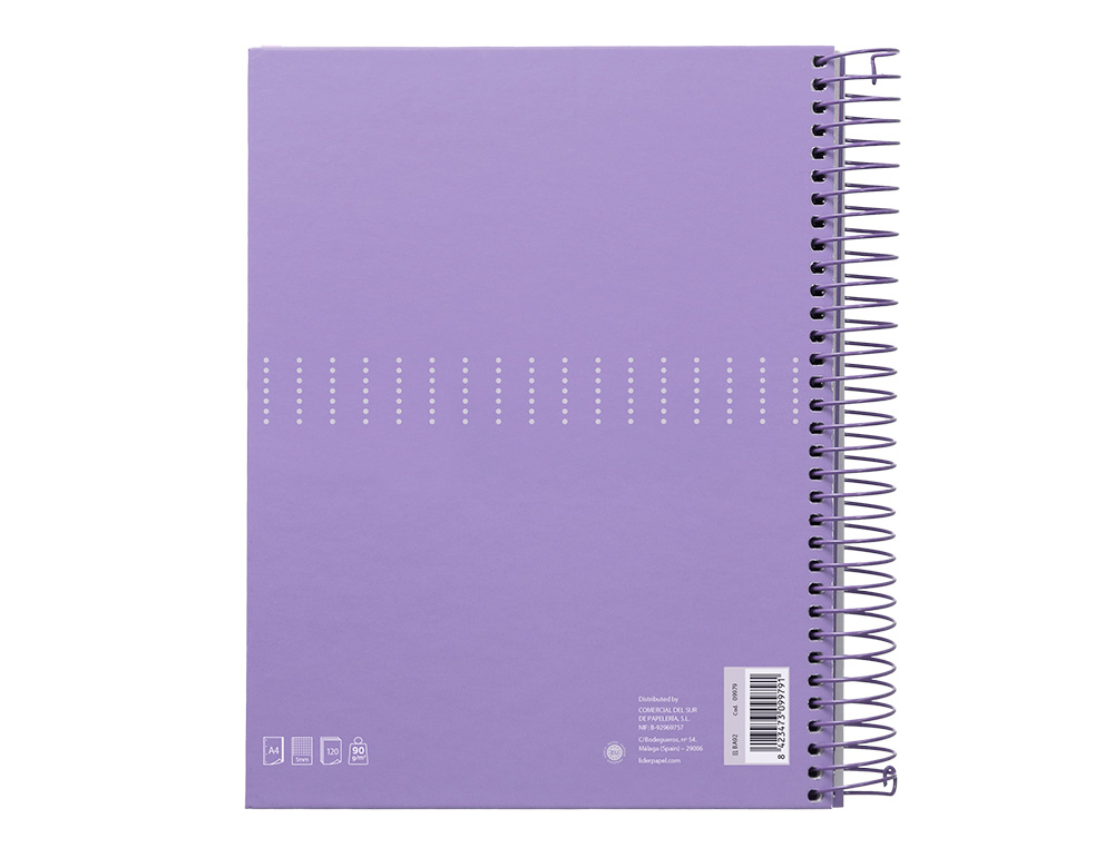 CAHIER SPIRALE LIDERPAPEL CRAFTY COUVERTURE CONTRECOLLÉE A4 240P 90G/M2 5X5MM MNICROPERFORÉ 4 TROUS COLORIS VIOLET