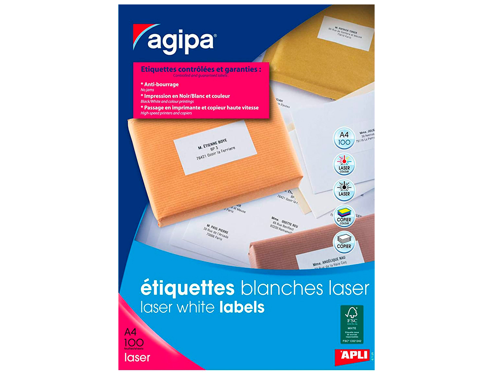 ÉTIQUETTE ADHÉSIVE APLI AGIPA IMPRIMANTE LASER COPIEUR 105X35MM BOÎTE 1600 UNITÉS