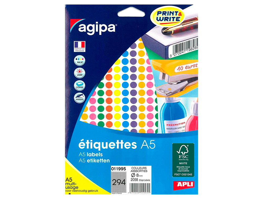 PASTILLE ADHÉSIVE APLI AGIPA DIAMÈTRE 8MM PERMANENTE COLORIS ASSORTIS POCHETTE 2058 UNITÉS