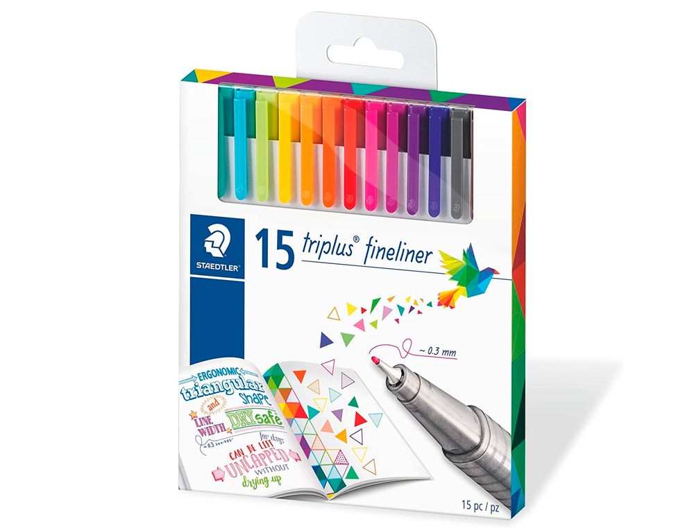 STYLO-FEUTRE STAEDTLER TRIPLUS FINELINER 334 POINTE SUPERFINE 0.3MM ENCRE DRY SAFE ÉTUI CARTON 15 COLORIS ASSORTIS