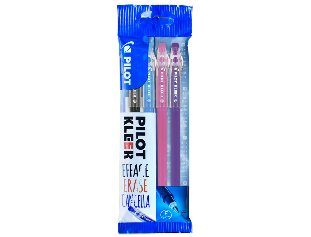 STYLO-BILLE PILOT KLEER ENCRE EFFAÇABLE POINTE 0.7MM COLORIS ASSORTIS NOIR/TURQUOISE/ROSE/VIOLET POCHETTE DE 4 UNITÉS