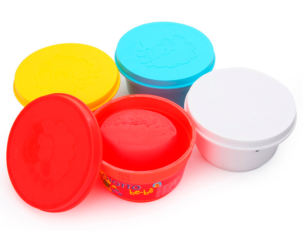 PÂTE À MODELER GIOTTO BE-BÈ TESTÉ DERMATOLOGIQUEMENT COLORIS ASSORTIS ROUGE JAUNE CYAN BLANC 4 POTS 100G