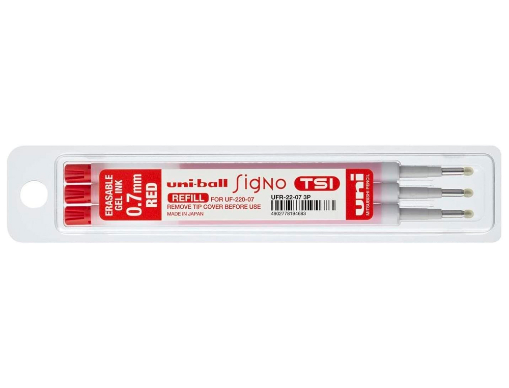 RECHARGE UNIBALL ROLLER SIGNO TSI ENCRE GEL EFFAÇABLE POINTE MOYENNE TRACÉ 0.7MM COLORIS ROUGE SET 3 UNITÉS