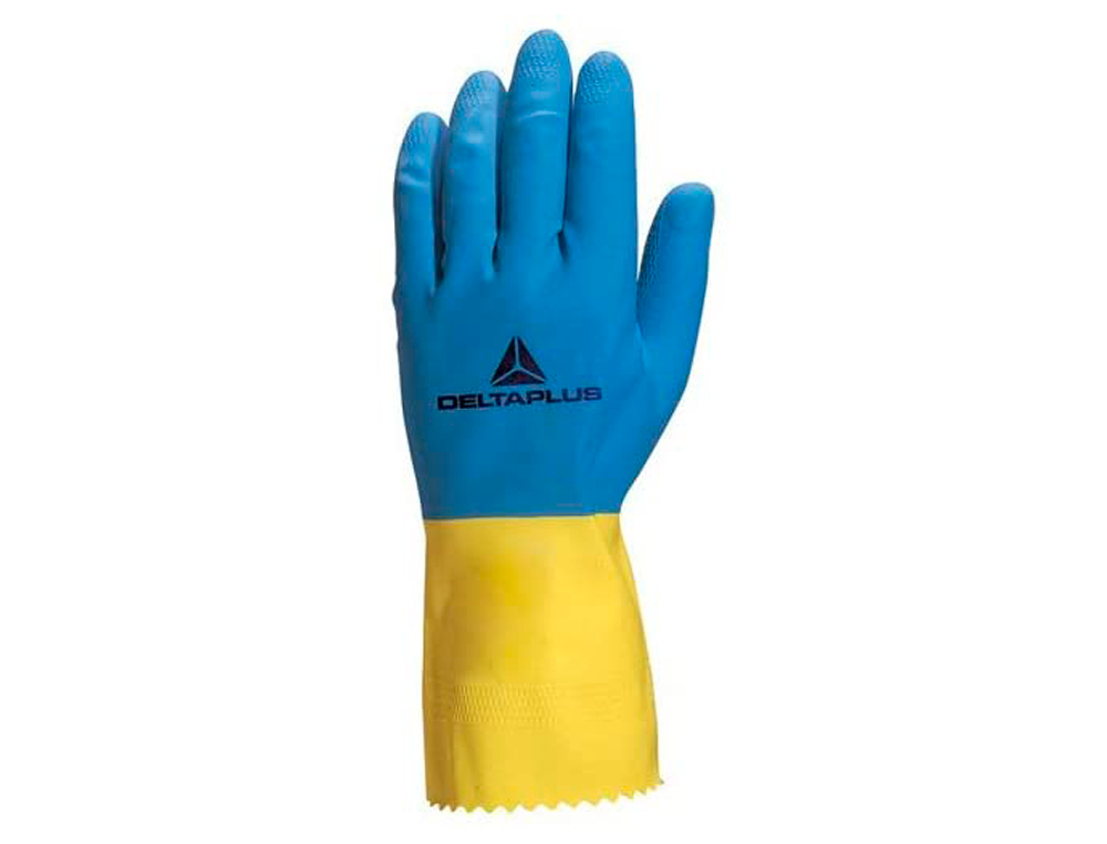 GANT MÉNAGE DELTAPLUS LATEX FLOQUÉ LONGUEUR 30CM ÉPAISSEUR 0.60MM COLORIS BLEU/JAUNE TAILLE 6/7 PAIRE